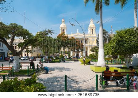 Peru July 8 2018 Main Park In Chiclayo Town. This Green Area Is A Meeting Point For Inhabitants And 