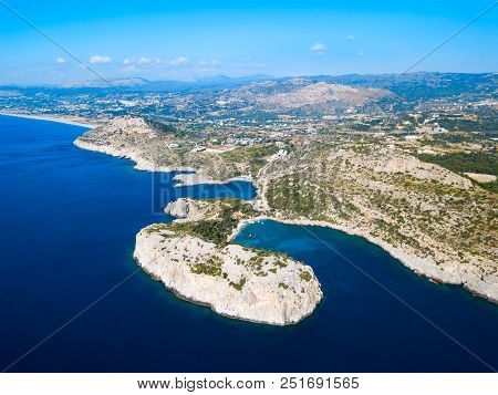 Ladiko Beach And Anthony Quinn Bay Aerial Panoramic View In Rhodes Island In Greece