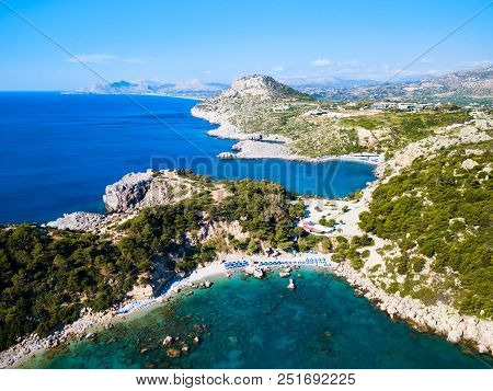 Ladiko Beach And Anthony Quinn Bay Aerial Panoramic View In Rhodes Island In Greece