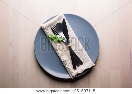 Top View Of A Restaurant Table With Plate, Knife And Fork, Restaurant Concept