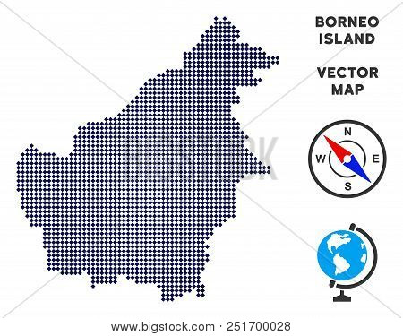 Dotted Borneo Island Map. Abstract Territory Plan. Points Have Rhombus Form And Dark Blue Color. Vec