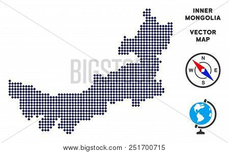 Dotted Chinese Inner Mongolia Map. Abstract Territorial Map. Points Have Rhombus Form And Dark Blue 