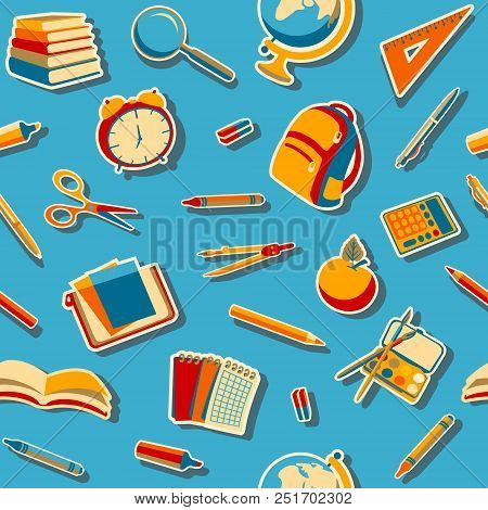Back To School Doodles Seamless Pattern On Blue Bachground