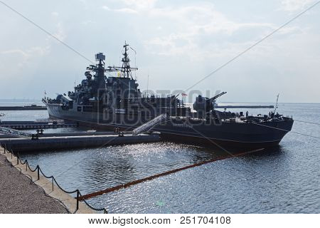 KRONSTADT, ST. PETERSBURG, RUSSIA - JULYy 28, 2018: Sovremenny class destroyer Bespokoyny anchored in the port of Kronstadt before the Navy Day parade. Navy Day is celebrated last Sunday of July