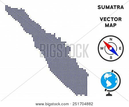 Dot Sumatra Island Map. Abstract Territory Scheme. Dots Have Rhombic Shape And Dark Blue Color. Vect