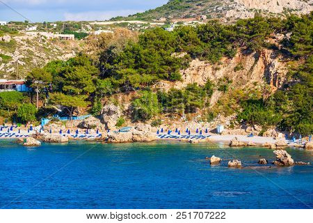 Ladiko Beach And Anthony Quinn Bay Aerial Panoramic View In Rhodes Island In Greece