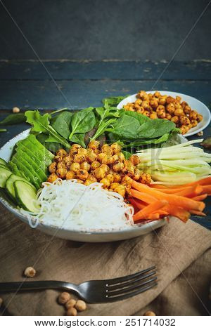 Top View Of Ingredient Set For Cooking Vegan Food, Fried Chickpeas, Rice Noodles With Wegetables On 
