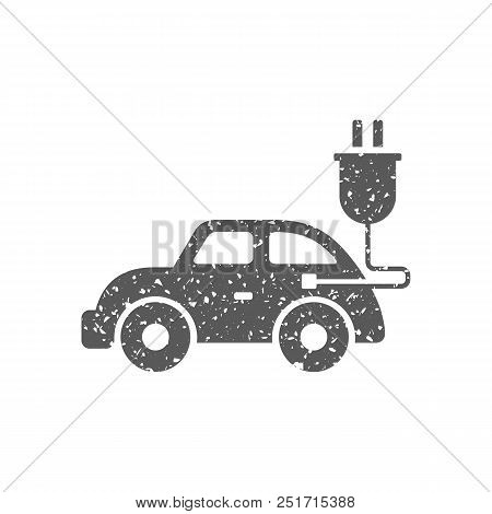 Electric Car Icon In Grunge Texture. Vintage Style Vector Illustration.