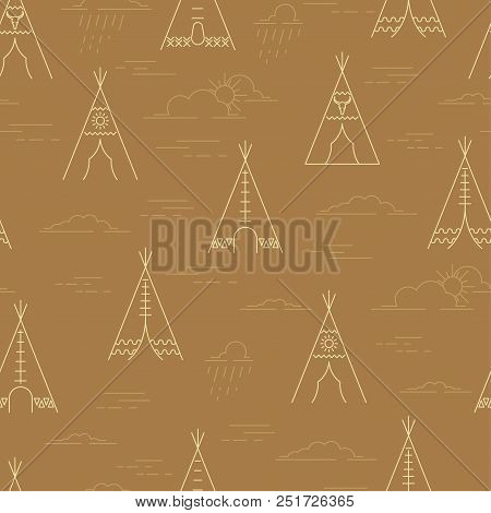 Linear Tepee And Clouds Seamless Pattern. Wigwam Native American Tent Background. Vector Illustratio