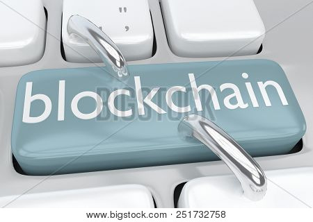 3d Illustration Of Computer Keyboard With The Script Blockchain On A Pale Blue Button, Allong With T