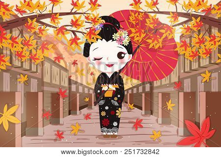 Cute Cartoon Geisha Wear Kimono With Maple