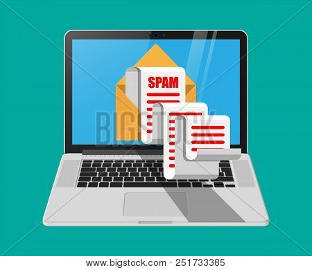 Yellow Paper Enevelope And Spam Mail On Laptop Screen. Long Emails. Email Box Hacking, Spam Warning,