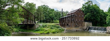 Muscatine County, Iowa/usa- July 18, 2018: Panorama Of Historic Pine Creek Gristmill And Pine Mill B