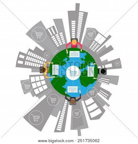 Social Network Shop Online Little Human Character X4 Sitting, With Computers, In A Circle Around The