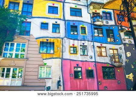 Vienna, Austria-july 2, 2018: Beautiful Colorful Hundertwasser House With A Garden Upstairs In Vienn