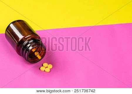 Closeup Supplements Vitamins Bottle On Wood Background