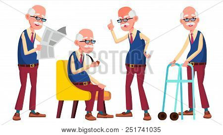 Old Man Poses Set Vector. Elderly People. Senior Person. Aged. Friendly Grandparent. Banner, Flyer, 