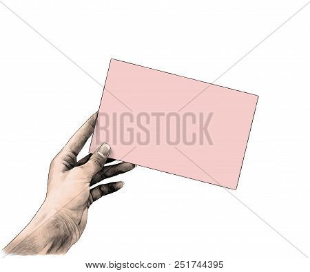 The Female Hand Sticks Out From The Side And Holds The Rectangular Card Blank, Sketch Vector Graphic