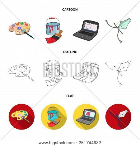 A Palette With A Brush, A Bucket With A Paint Brush, A Computer, A Tool, A Pen.artist And Drawing Se