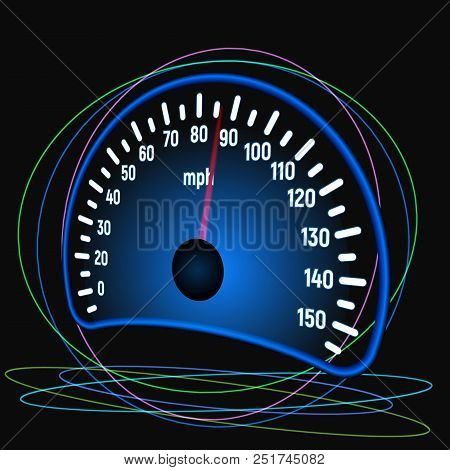 The Speedometer Of The Car. Mile Per Hour. Speed Measurement. Vector Illustration. Blue Glow.