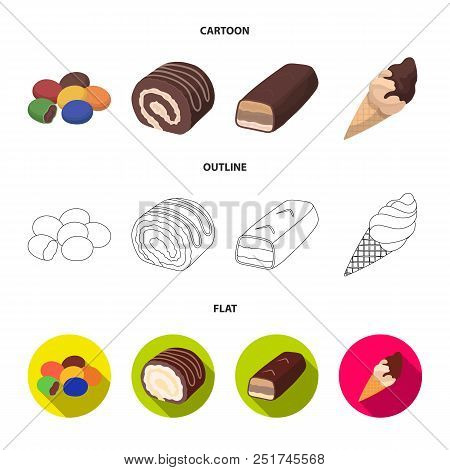 Dragee, Roll, Chocolate Bar, Ice Cream. Chocolate Desserts Set Collection Icons In Cartoon, Outline,
