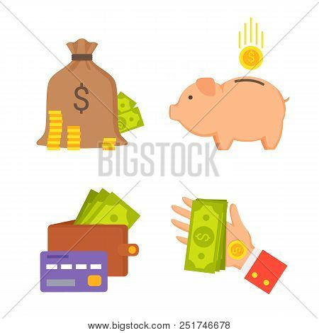 Sack Money Wallet With Credit Card, Pig Box And Hand Giving Banknote, Finance Icons Collection Chari