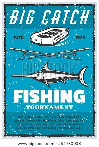 Fishing Tournament Retro Poster For Professional Fisherman Sport. Vector Vintage Design Of Big Marli