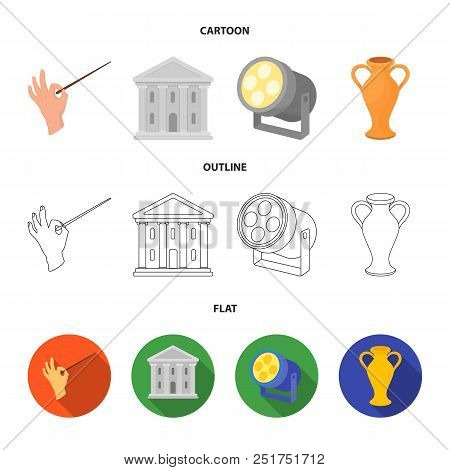 Conductor Baton, Theater Building, Searchlight, Amphora.theatre Set Collection Icons In Cartoon, Out
