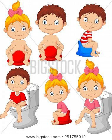 Vector Illustration Of Set Of Cute Little Babies Sitting On The Potty