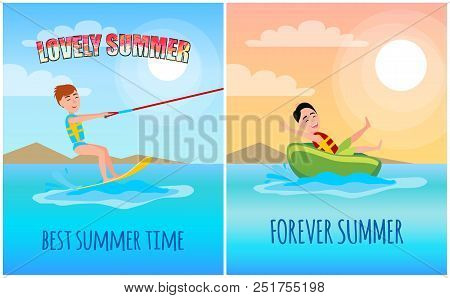 Lovely Summer Time Colorful Vector Illustration, Sunny Weather, Best Water Sports, Kitesurfing And M