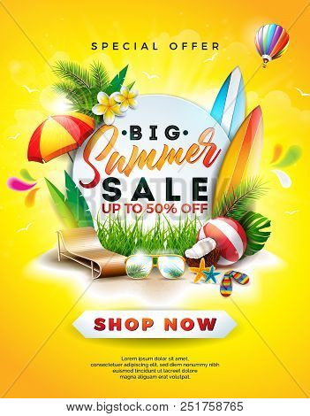 Summer Sale Design With Flower, Beach Holiday Elements And Exotic Leaves On Yellow Background. Tropi