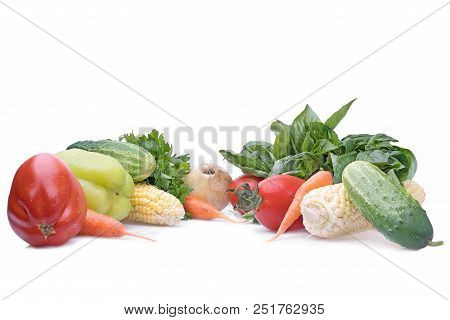 Colorful Healthy, Fresh Vegetables With Leaf Lettuce. Isolated On White Background
