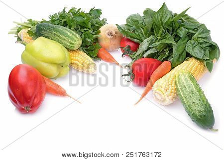 Colorful Healthy, Fresh Vegetables With Leaf Lettuce. Isolated On White Background