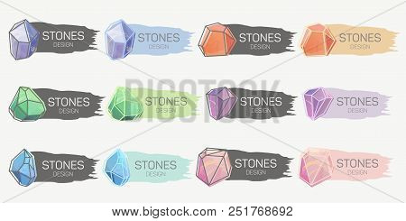 Set Of Waving Flags With Diamonds At Front. Jewelry Gems With Curve.