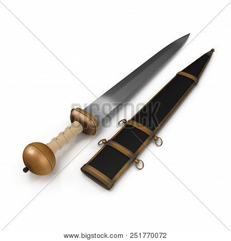 Roman Gladius Short Sword With Sheath On White. 3d Illustration
