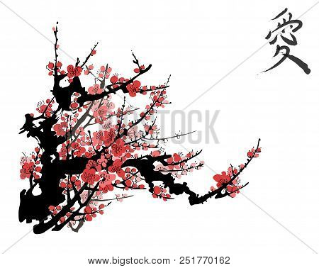 Realistic Sakura Blossom - Japanese Cherry Tree Isolated On White Background.