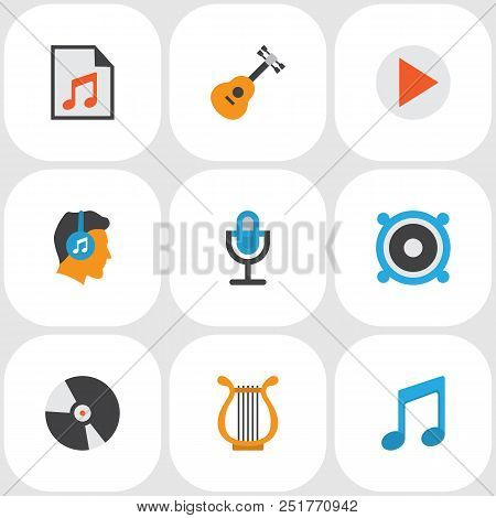 Multimedia Icons Flat Style Set With Begin, Bullhorn, Philharmonic And Other Tone Elements. Isolated