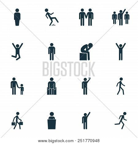 Human Icons Set With Jogging, Rejoicing, Leader And Other Downfall Elements. Isolated Vector Illustr