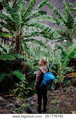 Santo Antao Island. Cape Verde. Blond Young Women With Blue Backpack Walking Through Banana Plantati