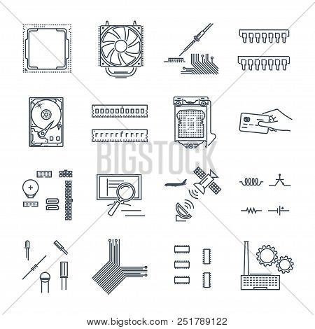 Set Of Thin Line Icons Electronics, Computer Components, Hard Drive, Processor