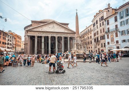 Rome, Italy - 22.06.2018: Tourists Visit The Pantheon In Rome. Roman Pantheon Is One Of The Best-kno