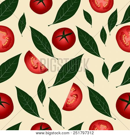 Background Tomato And Laurel Leaves. Condiment Food Seamless Pattern