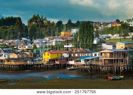 Traditional Stilt Houses Know As Palafitos In The City Of Castro At Chiloe Island In Southern Chile