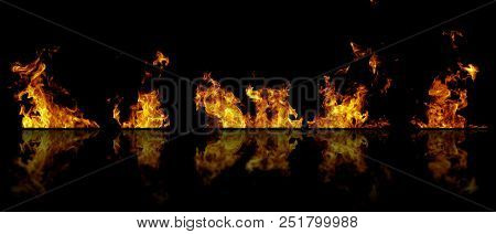 Real Fire Flames With Reflection Isolated On Black Background. Mockup Of 5 Flames.