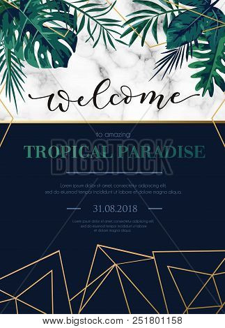 Modern Tropical Party Invitation With White Marble Texture And Lettering Inscription Welcome. Elegan