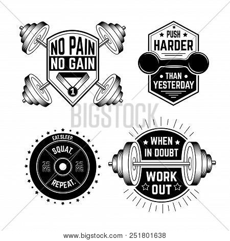 Gym Motivational Prints Set  With Grunge Effect, Barbell And Black Background. Vector Illustration.