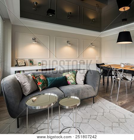 Stylish Living Room With Gray Sofa, Beige Walls And Black Stretch Ceiling