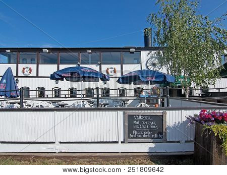 Nynashamn, Sweden - July 18, 2018: Restaurant Outdoor Area In The Marina On July 18, 2018 In Nynasha