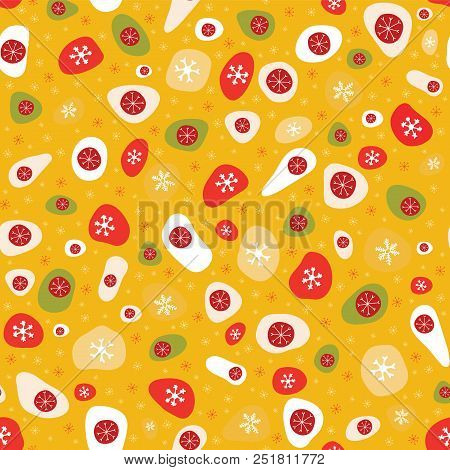 Christmas Snowflake Doodles, Hand Drawn Red, Green White On Yellow, Seamless Vector Pattern, Trendy 