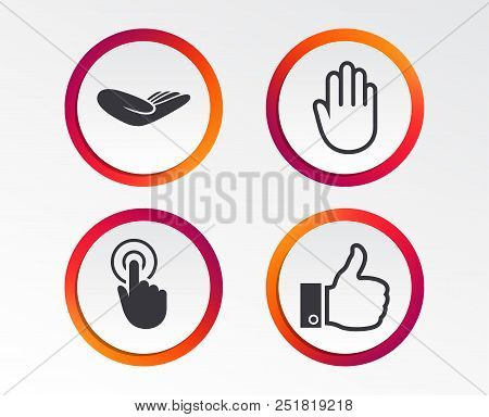 Hand Icons. Like Thumb Up Symbol. Click Here Press Sign. Helping Donation Hand. Infographic Design B